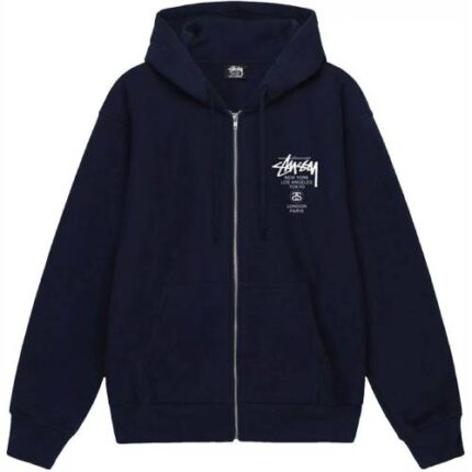 Stussy World Tour Zip Up Navy Hoodie